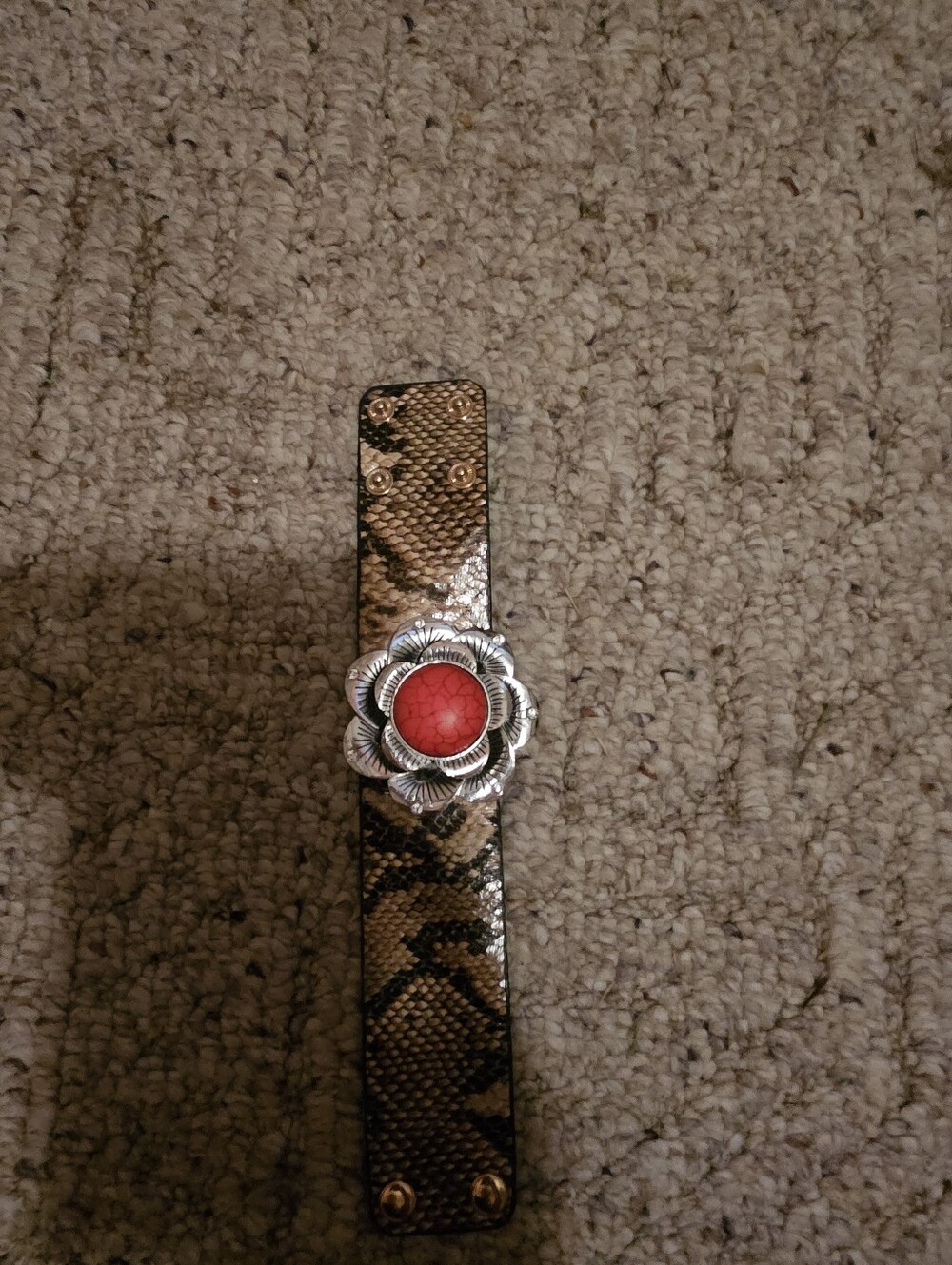 Snake-Print Leather Cuff Bracelet with Red Stone Accent